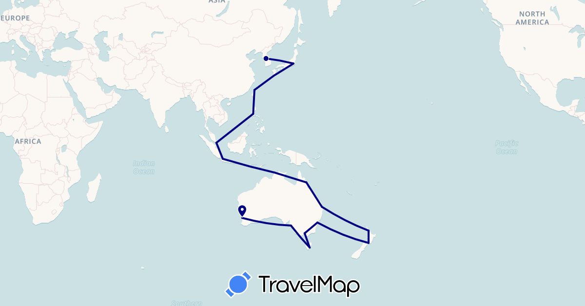 TravelMap itinerary: driving in Australia, Indonesia, Japan, South Korea, New Zealand, Philippines, Singapore, Taiwan (Asia, Oceania)